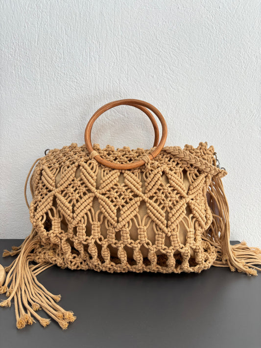 Bolso Crochet Asa Madera
